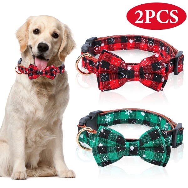 Christmas Dog Collar with Bow Tie Adjustable Dog Collar Red Green Plaid Dog Carousel 1