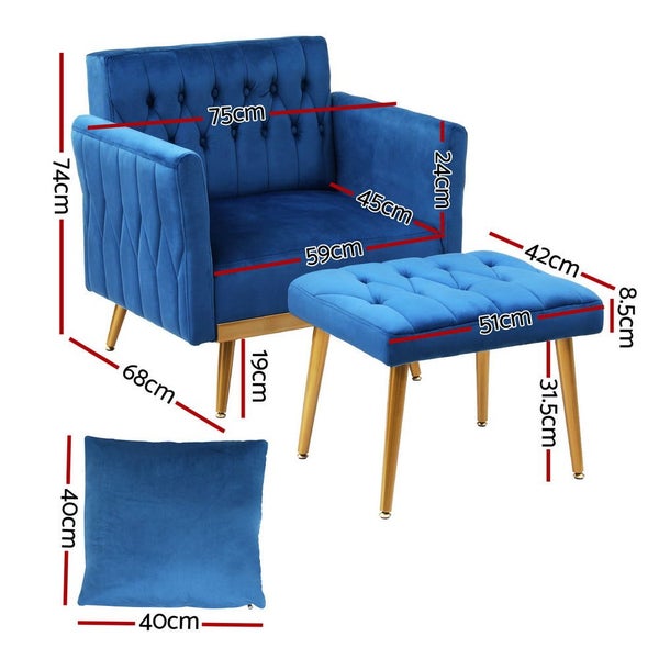 Artiss Armchair Ottoman Accent Chair Pillow Velvet Blue Carousel 2