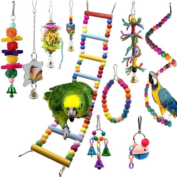 10pcs Wooden Bird Toy Parrot Cage Mirror Ladder Chewing Swing Toys Carousel 1