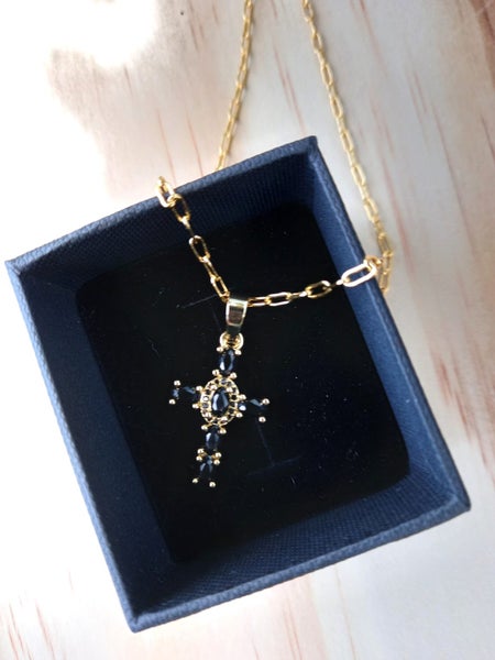 Black Onyx Cross Necklace, Gold Filled Black Onyx Cross Necklace Carousel 1