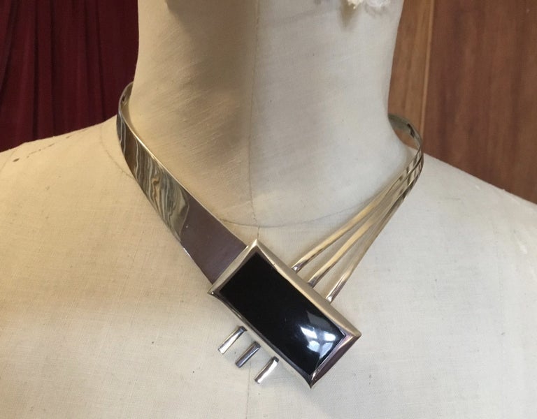 Modernist Sterling Silver & Onyx Choker Necklace Carousel 1
