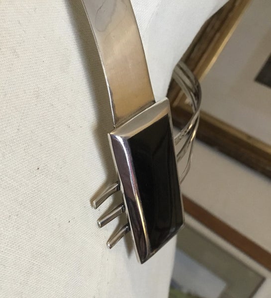 Modernist Sterling Silver & Onyx Choker Necklace Carousel 2