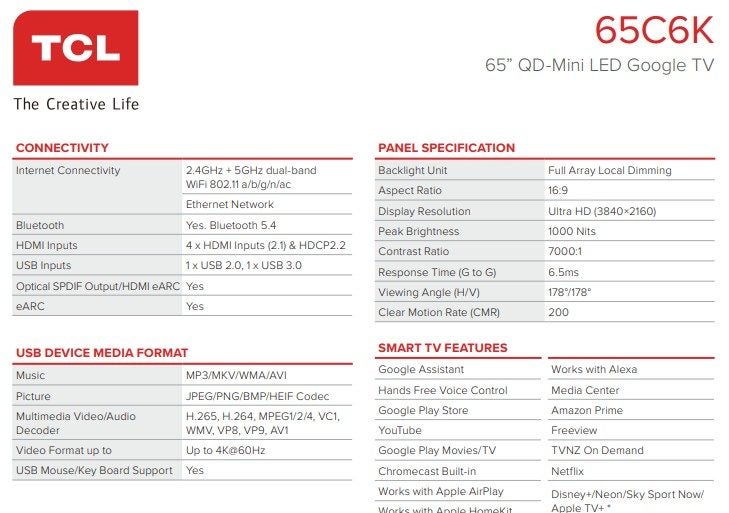 65" TCL TV C6K Premium QD-Mini LED TV64670915178114112