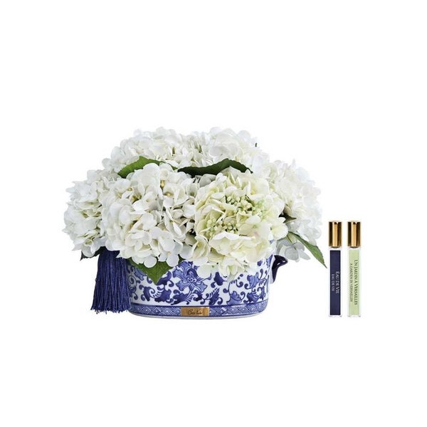Cote Noire White Hydrangea w / Chinoiserie Pot Navy Tassel & Gold Crest Carousel 1