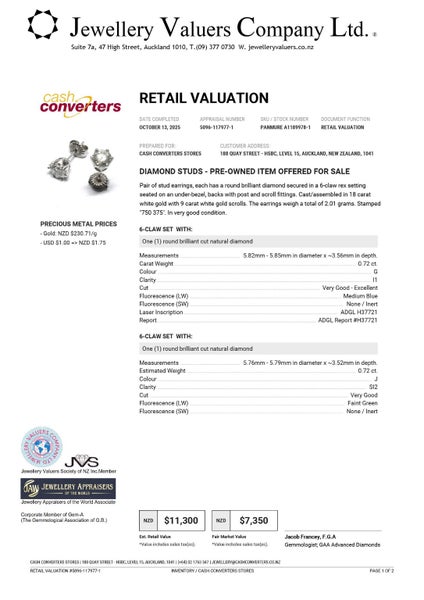 Valued $11,300 - 9ct & 18ct White Gold Diamond Stud Earrings Carousel 2