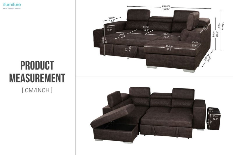 CASSIA Sectional Sofa/Sofa Bed with Storage & 2 Ottomans-Chaise Facing Right Carousel 2