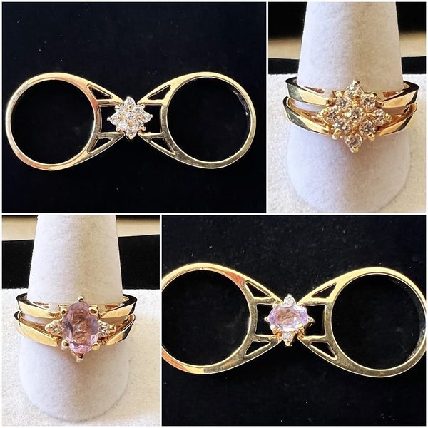 Reversible Gold Tone Flip Ring with Crystal Cluster & Lavender Stone, Size Q 1/4 Carousel 1