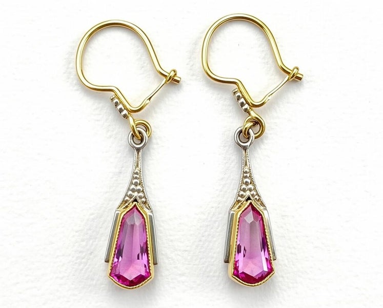 18ct Solid Gold Rubellite Tourmaline Art Nouveau Drop Prcd Earrings w/ Valuation Carousel 1