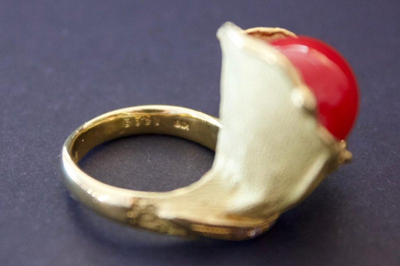 18ct Yellow Gold Red Coral Flower Petal Leaf Ring (TOP DESIGN ) Carousel 4