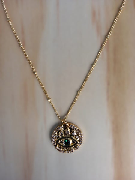 Gold Eye Necklace, Gold Filled Eye Necklace with Green CZ Carousel 1