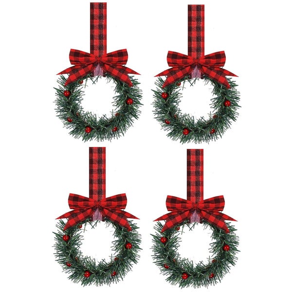4PCS Christmas Kitchen Cabinet Wreaths with Plaid Bow Ribbon Hanging Cabine Carousel 1
