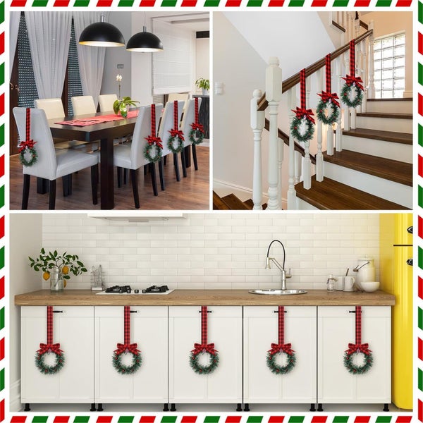 4PCS Christmas Kitchen Cabinet Wreaths with Plaid Bow Ribbon Hanging Cabine Carousel 6