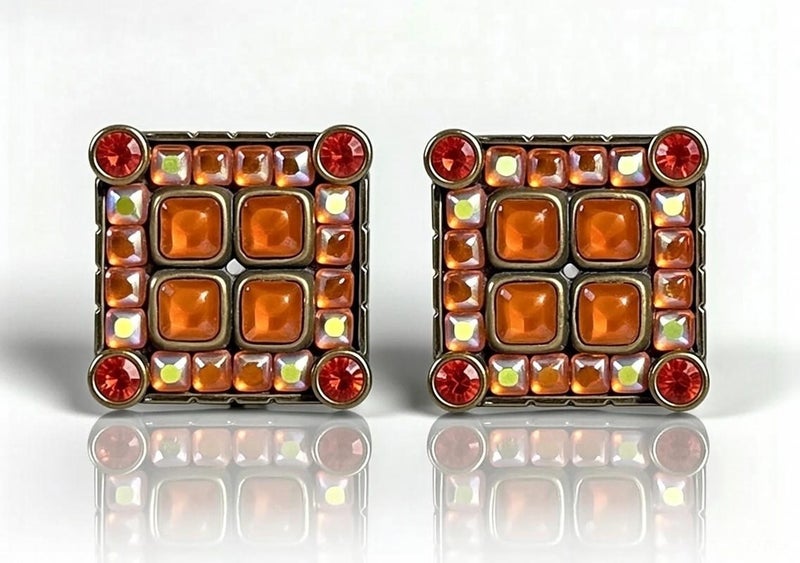 1980s Vintage Square Orange Cabochons Designer Clip Earrings by REMY DIS PARIS Carousel 1