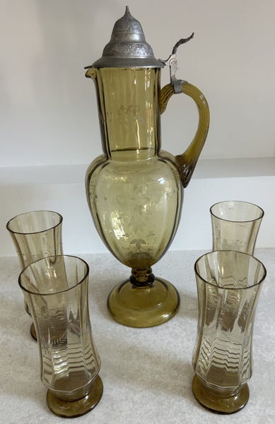 Antique soft green glass wine carafe + 4 glass tomblers 1880's era Carousel 1