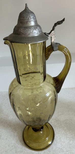 Antique soft green glass wine carafe + 4 glass tomblers 1880's era Carousel 2