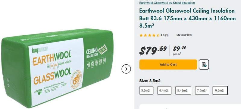 Earthwool Glasswool Ceiling Insulation Batt R3.6 175mm x 430mm x 1160mm 8.5m² Carousel 3