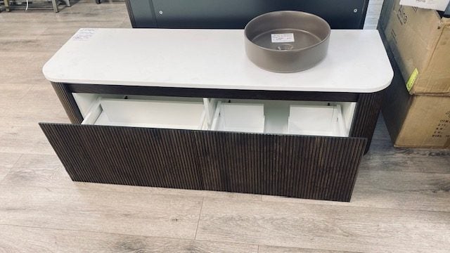 1500 NORAH CURVED LUXE RIGHT OFFSET BASIN 2 DRAW IN SMOKEY OAK $ OPTIONAL BASIN Carousel 2