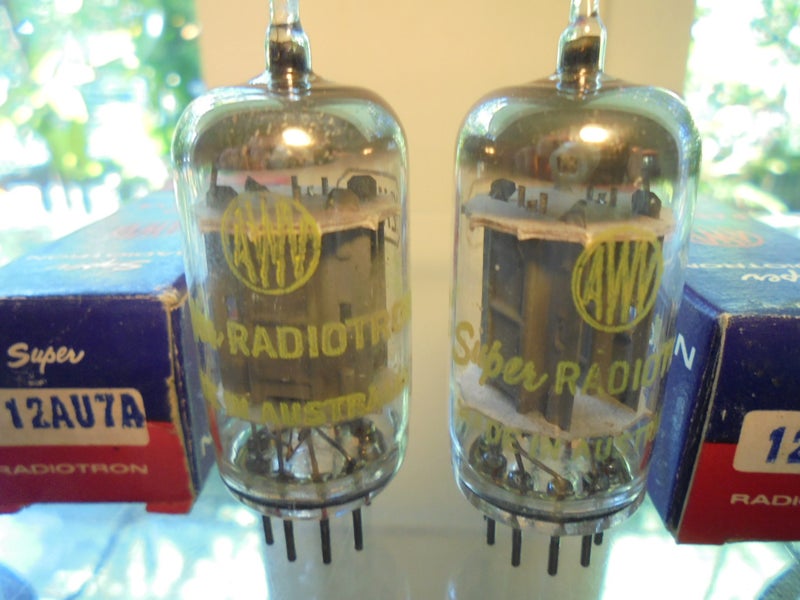 AWV SUPER RADIOTRON 12AU7A LONG PLATE PAIR OF NEW OLD STOCK VINTAGE VALVES TUBES Carousel 2