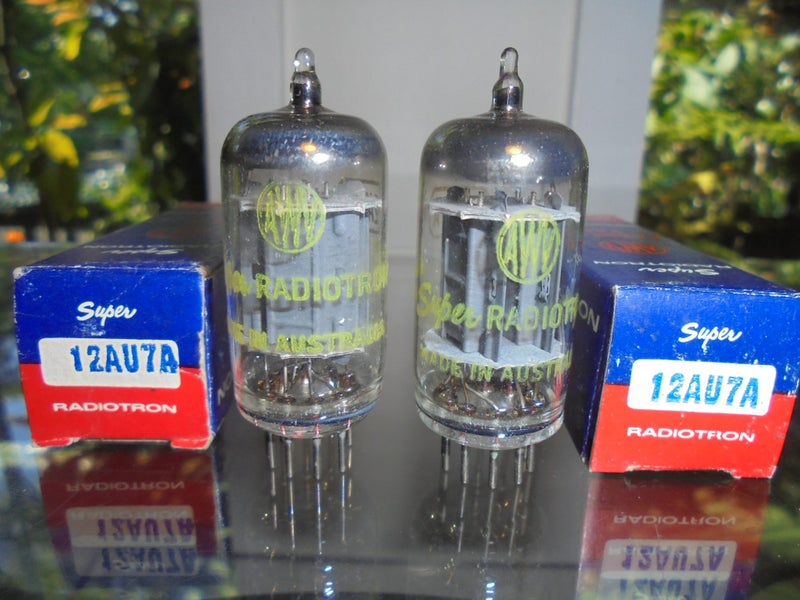 AWV SUPER RADIOTRON 12AU7A LONG PLATE PAIR OF NEW OLD STOCK VINTAGE VALVES TUBES Carousel 1