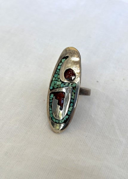 Native American Turquoise Red Coral Inlay Ring | vintage Carousel 1