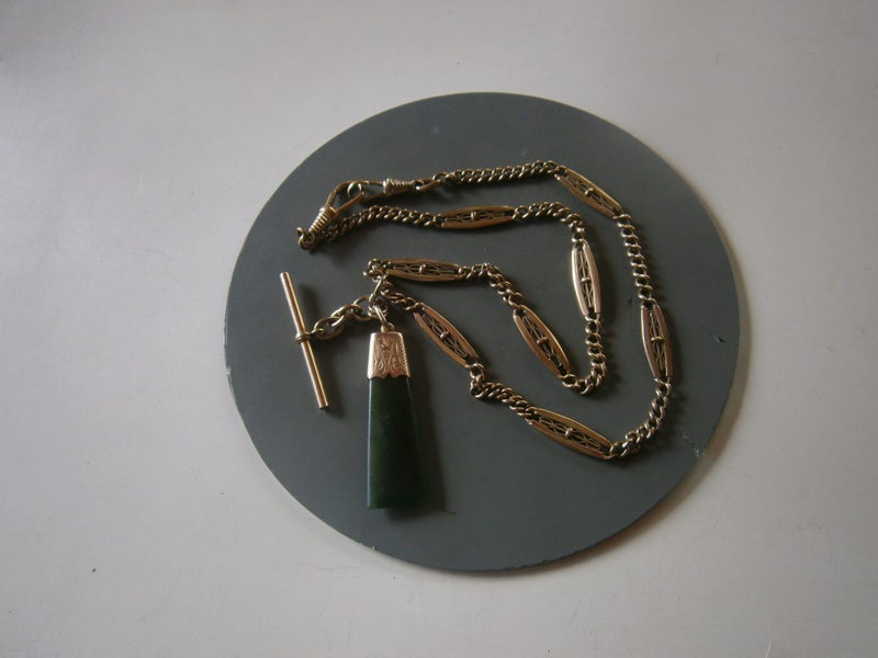 ANTQ./VTG 14ct FANCY LINK R. GOLDFOB CHAIN + GREENSTONE FOB & TBAR (gms) Carousel 12
