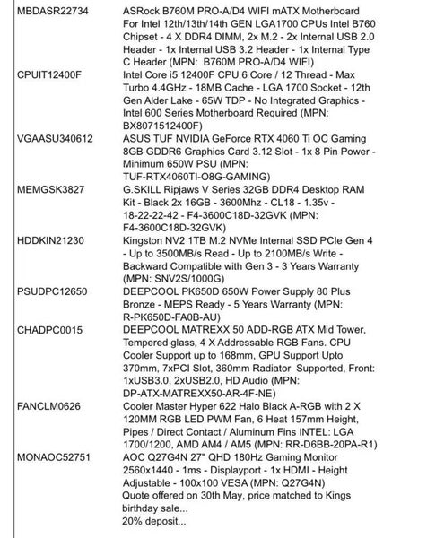 Gaming PC i5-12400F+RTX4060Ti 8GB + 32GB RAM+27" 2K 180Hz Monitor(Option)64703022431874114