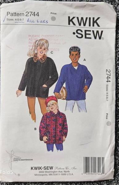 KWIK SEW 2744, GIRLS' & BOYS' SHIRT JACKETS, SIZE 4,5,6,7 Carousel 1