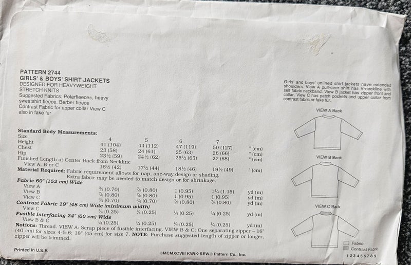KWIK SEW 2744, GIRLS' & BOYS' SHIRT JACKETS, SIZE 4,5,6,7 Carousel 2