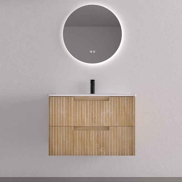 600mm Modern Fluted Wall-Hung Vanity - White Oak Carousel 1