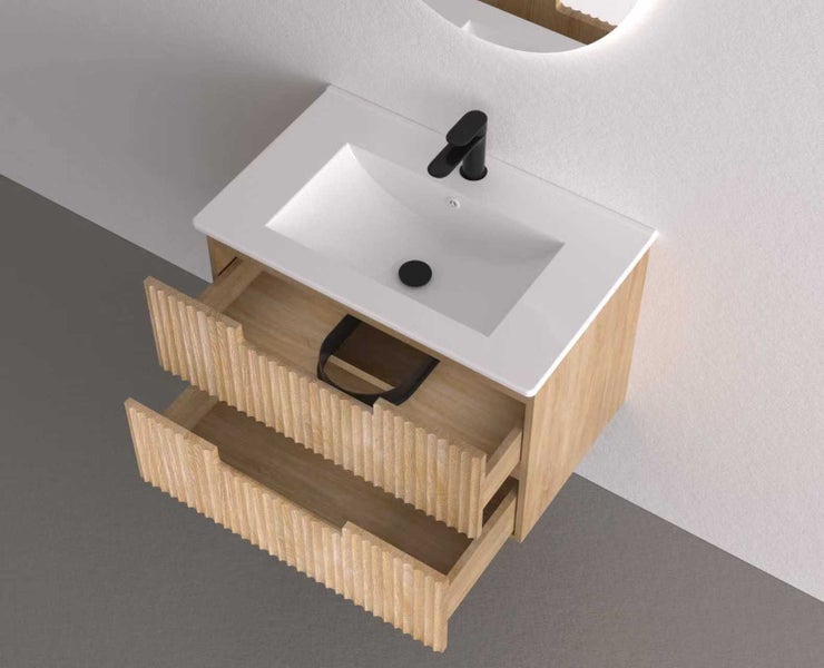 600mm Modern Fluted Wall-Hung Vanity - White Oak Carousel 2