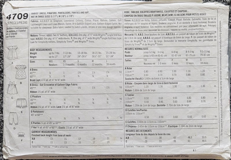 SIMPLICITY 4709, BABIES ' DRESS, PINAFORE, PANTALOONS, PANTIES, HAT SIZE XS, S Carousel 2