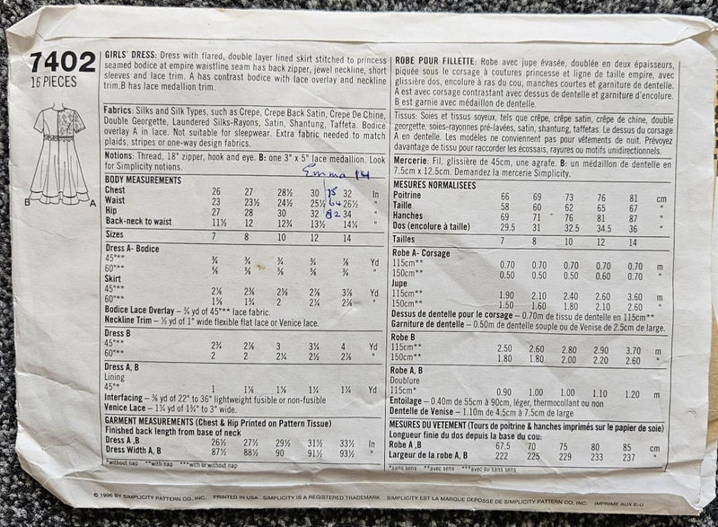SIMPLICITY 7402, GIRLS ' DRESS, SIZE BB 12-14 Carousel 2