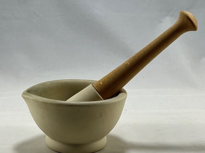 Vintage Apothecary Warranted Acid Proof Mortar And Pestle Carousel 1