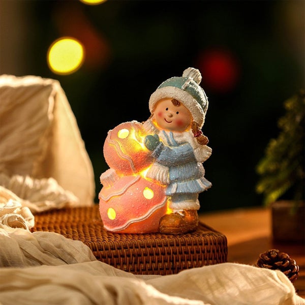 Hand-Painted Christmas Doll Ornament - Ceramic LED Lighted Decor for Firepl Carousel 6