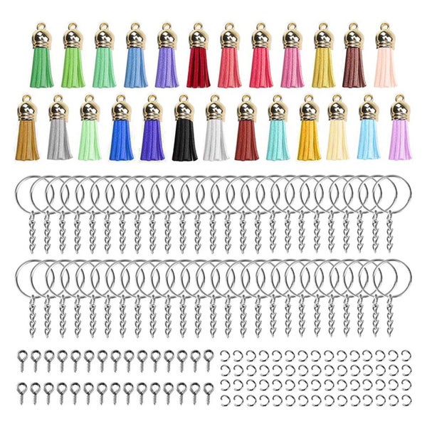 Keychain Tassel Set Keychain Making Kit, 200 PCS Leather Tassels Key Rings, Carousel 1