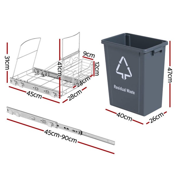 Cefito Pull Out Bin Kitchen Cabinet Slide Garbage Rubbish Bins Basket 40L Grey Carousel 2