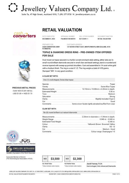 $3,500 14CT WG TOPAZ & DIAMOND DRESS RING #B21125491-1 Carousel 2