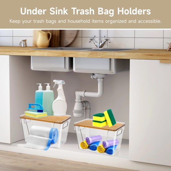 2 Pcs Trash Bag Holders, Under Sink Garbage Bag Dispensers with Wood Lids, Carousel 2
