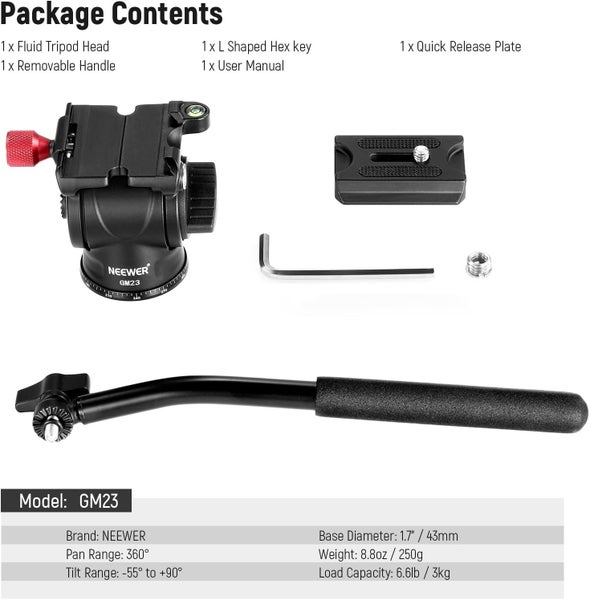 NEEWER Fluid Tripod Head with Handle & Arca Type Quick Release, Aluminum Alloy Carousel 8