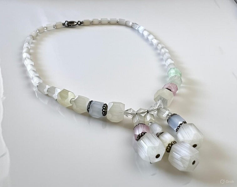 Vintage Art Deco Frosted Czech Glass Tassel Choker Necklace Pastel Beads c1930s Carousel 1