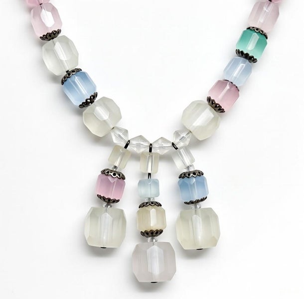 Vintage Art Deco Frosted Czech Glass Tassel Choker Necklace Pastel Beads c1930s Carousel 2