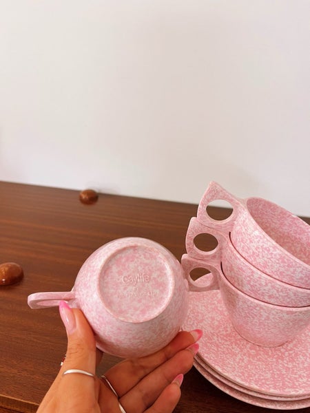 Vintage “Gaylife” Pink Speckled Melamine Cups And Saucers Carousel 4
