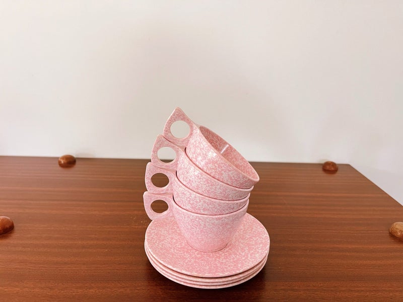 Vintage “Gaylife” Pink Speckled Melamine Cups And Saucers Carousel 1