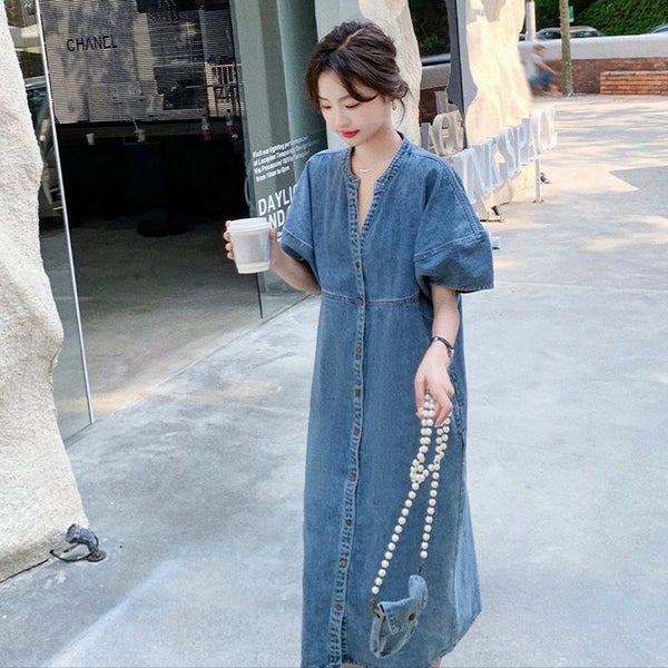 Loose Jean Dress Blue Short Sleeve Denim Midi Dresses Carousel 2