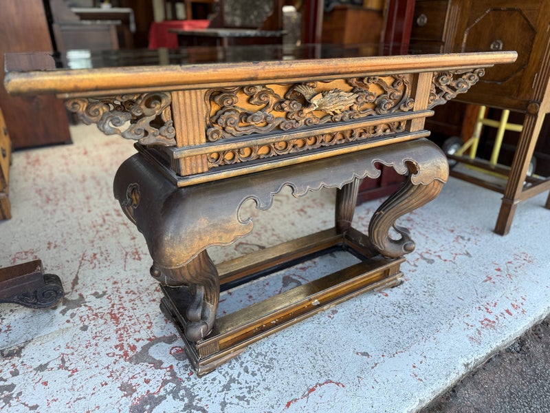 An Early 19th Century Japanese Elaborately Decorated Solid Elm Console Table Carousel 1