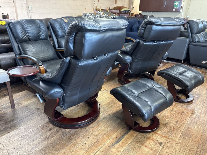Pair of Regal Full Leather Stress-Free Recliners and Ottomans-Black Leather Carousel 19