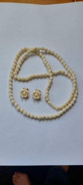 Lovely Vintage Carved Bone Necklace + Earrings Carousel 1