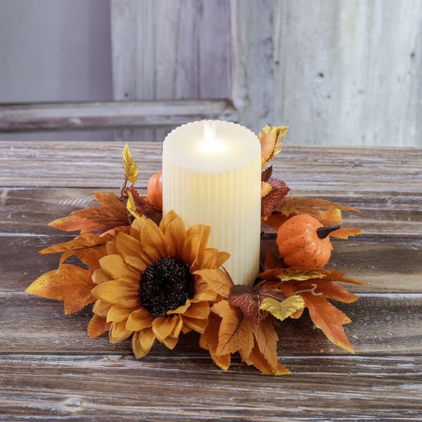 Pumpkin Sunflower Candle Wreath - 9.84" Multicolor Halloween & Thanksgiving Carousel 1