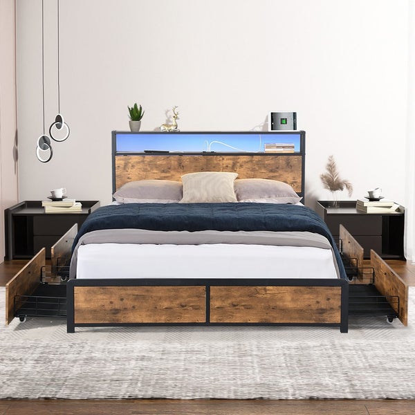 Levede Double Bed Frame Industrial RGB LED Drawers Storage Headboard USB Charge Carousel 1