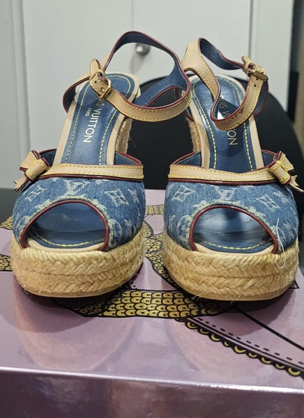 LOUIS VUITTON MONOGRAM DENIM & LEATHER WEDGES 3864764466333443111